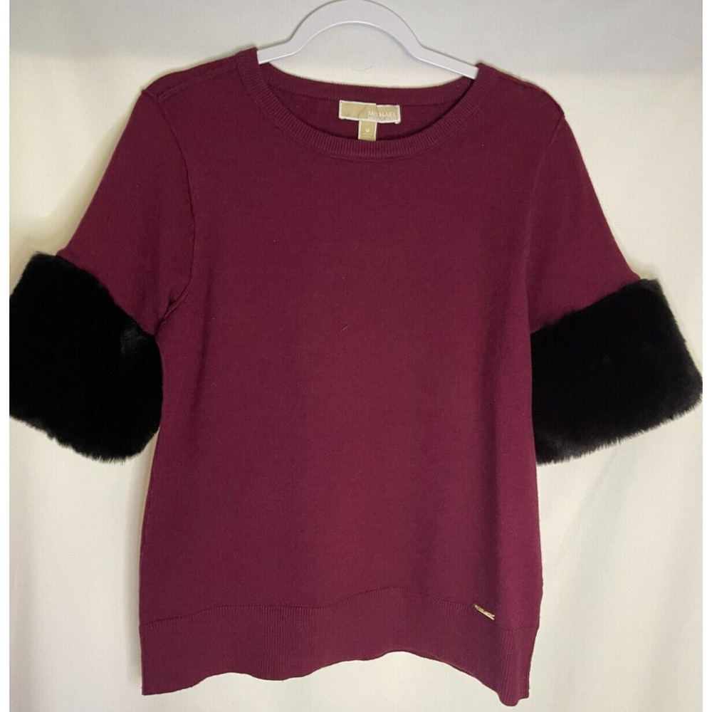 Michael Kors Women's Maroon sweater W/Dark Faux Fur sleeves Medium
